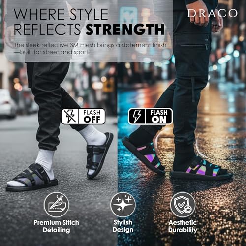 Image of Draco DracoSlides Reflective Slides for Men and Women, Wrapped in Reflective 3M with Adjustable Straps for Wide /Narrow Feet, Sandals with Arch Support & Slip Resistant, Men & Women Footwear, Black