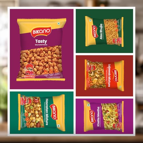 Image of Bikano Namkeen Combi Pack - 5-in-1 Indian Snack Combo | Includes Navratan Mixture, Tasty, Khatta Meetha, Lajawab Mixture & Aloo Bhujia | Ready-to-Eat | 340g (Pack of 2)