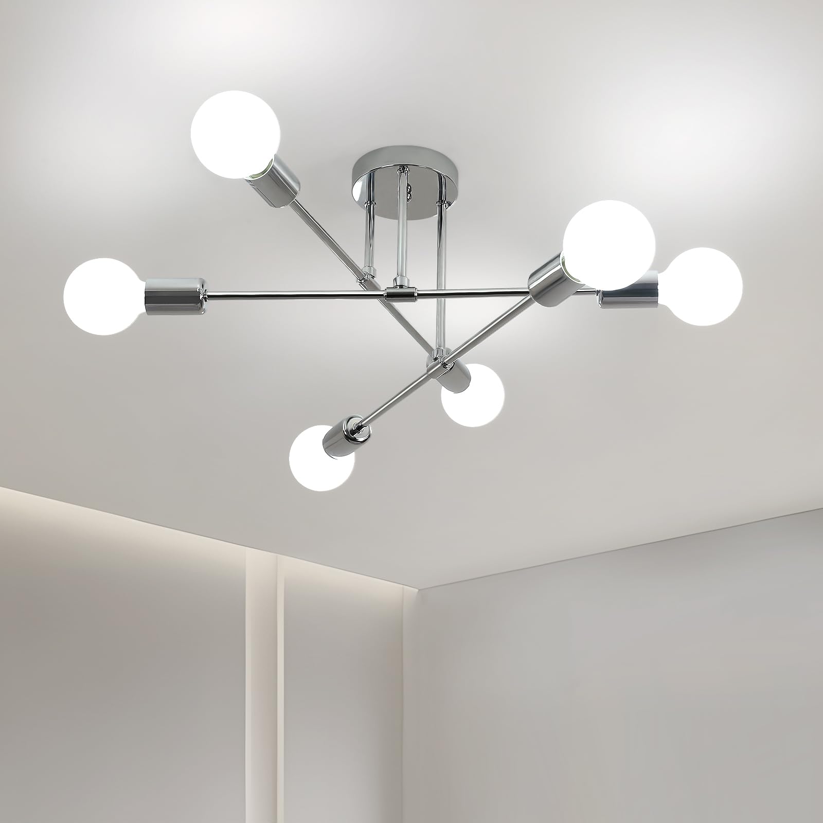 Goeco Lampadario Sputnik Vintage, E27 Plafoniera da Soffitto Industrial con 6 Portalampada, Lampada da Soffitto in Metallo per Camera da Letto Soggiorno, (Senza Lampadina), Cromo Dia. 60 cm