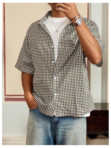 Men's Short Sleeve Plaid Shirts Collared Button Down Shirt Tops with Pockets Streetwear4