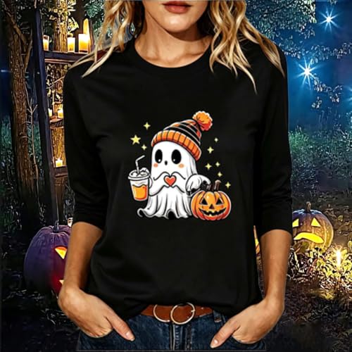 Halloween Costume 3/4 Sleeve Tops for Women Cute Ghost Graphic Crewneck T Shirt Fall Casual Tees Spooky Season Top - image 2