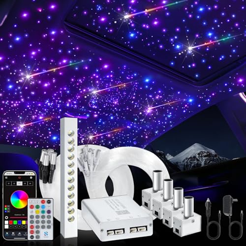 Image of Split Car Starlight Headliner Kit, 4 Colors 12W Meteor Fiber Optic Star Ceiling Lights, 1200pcs*0.02in*9.8ft+240 RGBW Shooting Stars Lights for Car Home Theaters Roof Decor