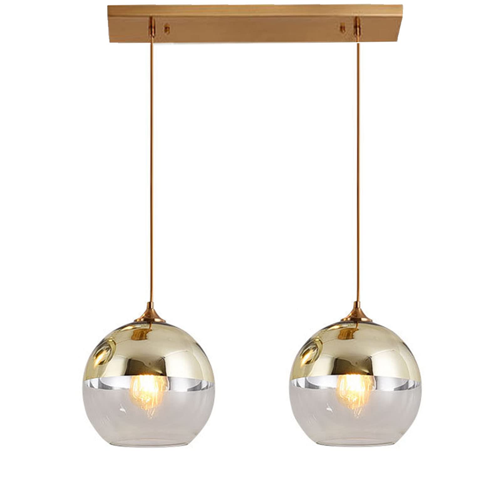 Lampa wisząca z 2 lampkami ze złotym szklanym kloszem, gniazdo E27, lampa wisząca, pojedynczy żyrandol w kształcie kuli do jadalni i wyspy kuchennej