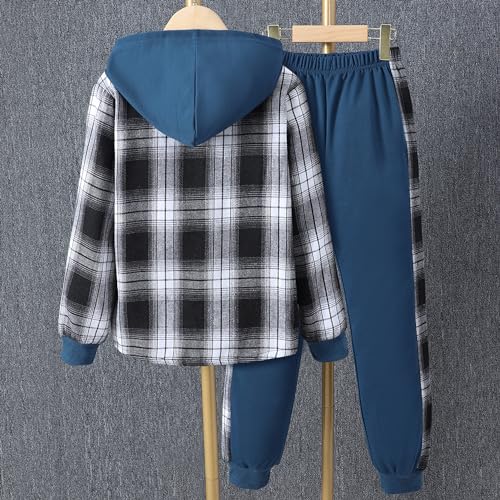 Image of Kids Toddler Boys 2 Piece Outfit Plaid Color Front Button Down Hoodie Sweatshirt and Jogger Sweatpants Sets