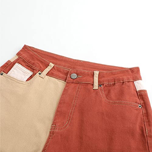 Thunder Star Women High Waist Patchwork Jeans Stretchy Denim Pants Rust Red 3Xl #TOP3