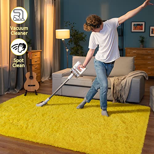 HOMORE Yellow Rug for Living Room, 5x8 Feet Fluffy Area Rug Modern Shag Rugs for Bedroom, Bright Color Rug for Kids Room, Super Soft Furry Rugs, Cute Carpets for Nursery Toddlers Home Dorm Decor