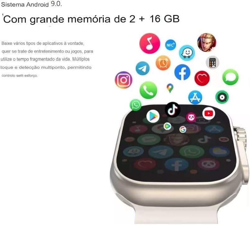Fundo branco, destacando o smartwatch e os ícones. Fundo branco, destacando o smartwatch e os ícones.
