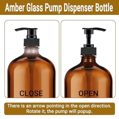 4 Pack 32 oz Amber Glass Pump Bottles, Glass Dispenser Bottles with Pump, Boston Round Bottles with Pumps for Shampoo and Conditioner, Body Shower, Lotion, Soap, Massage Oils4