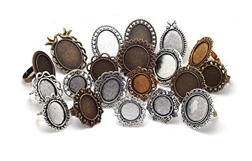 Mixed Adjustable Ring Blanks, Cabochon Rings Settings, Variety Sizes & Colors (20 Pieces)