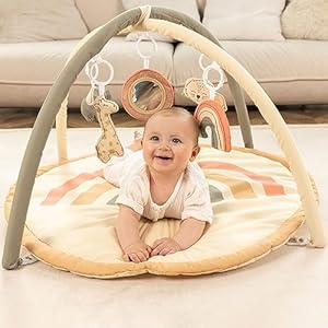 Hakuna Matte Baby Spielbogen – Extra Dicke und Weiche Krabbeldecke für Baby mit Entdeckungsspiegel und 4 Spielbogen Anhänger – Baby Spieldecke in Schönem Regenbogen Design – EN71, REACH-konform