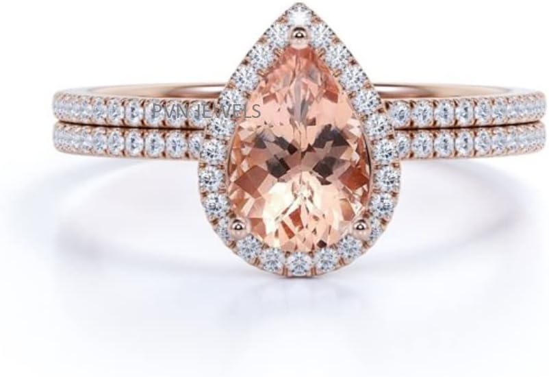 14K Rose Gold Over 925 Sterling Sliver Engagement Wedding Bridal Ring Set Pear Shaped Created Morganite