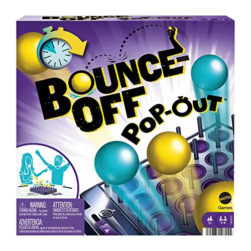 Mattel Games HKR53 - Bounce-Off POP-Out Partyspiel für Familien, Jugendliche, Erwachsene mit 16 Bällen, 20 Herausforderungskarten, Spielgitter mit Timer, Geschenk für Kinder ab 7 Jahren