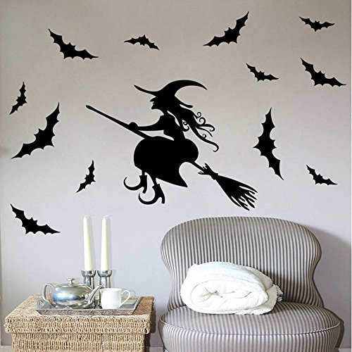 Halloween Flying Witch On Broom Bats Pvc Lettering Decal Home Decor Window Bedroom Living Roon Wall Stickers Wallpaper 33X20" #TOP5