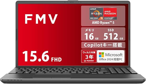 FMV Laptop Note A WA1-L1 MS 365 Personal/Copilot Key/Win 11/15.6 Type/AMD Ryzen 5/16GB/SSD 512GB/Super Multi Drive FMVWL1A155