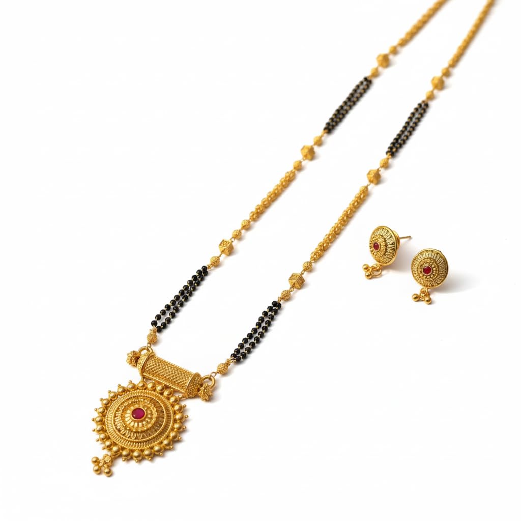 Traditional Maharashtrian 36-Inch Long Mangalsutra with Round Ruby Pendant & Floral Stud Earrings | Antique Gold Plated Chain Jewelry for Women & Girls-image-6