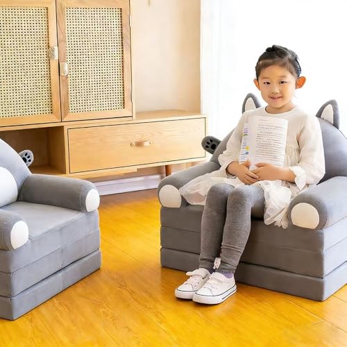 MGOXO 子供ソファー キッズミニソファー 一人掛け 収納ポッケト付き 折り畳み式 背もたれ手すり付 かわいいオシャレ 寝椅子チェア 軽量コンパクト ふわふわ 安定 動物デザイン 子供部屋用座椅子 贈り物 ギフト(ライトグレー) [5]