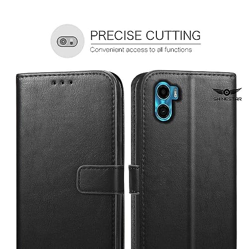 Image of SHINESTAR Motorola Moto E32 Flip Back Cover | PU Leather Flip Cover Wallet Case with TPU Silicone Case Back Cover for Motorola E32 - Classy Black