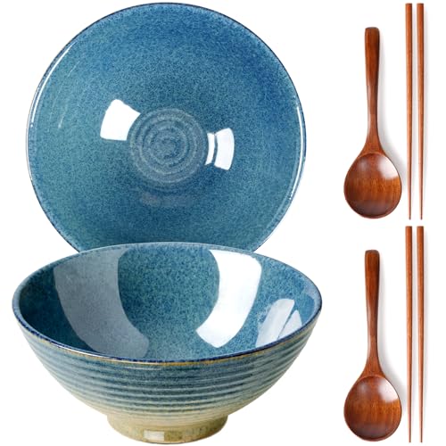 NUTRIUPS 2 bols en céramique de 1200 ml avec baguettes et cuillères, 20 cm, grand bol (bleu craquelé)