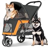 EchoSmile Hundewagen für Mittelgroße und Große Hunde bis 40kg, Faltbar Hundebuggy mit Netzfenstern, Verstellbarem Griff & 3 Geländegängige Räde (Schwarz + Orange)