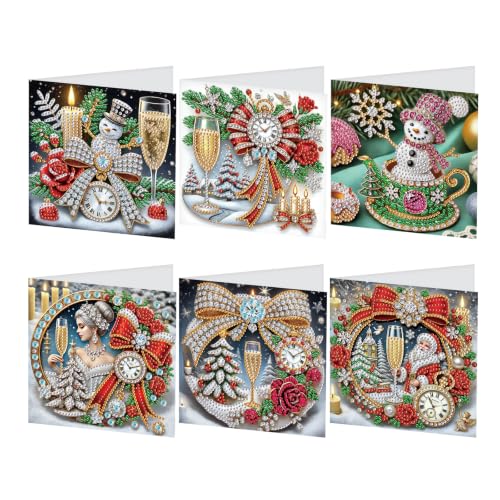 JISHSHAY Lot de 6 Diamond Painting Carte de Noël Père Noël Diamant Painting Carte de Voeux Bonhomme de Neige Broderie Diamant Christmas Cards Diamond Art...