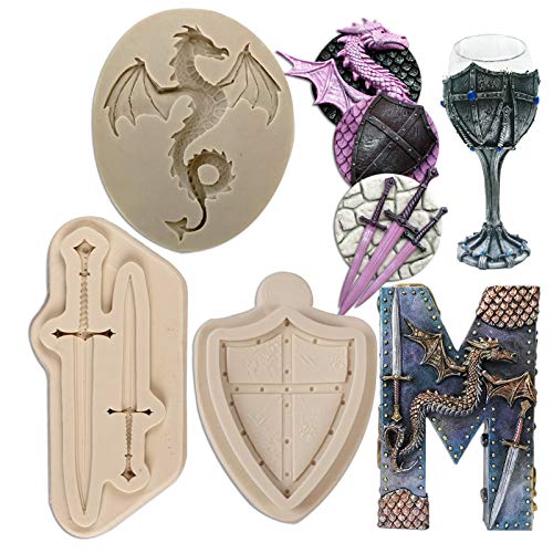 Dragon Silicone Fondant Molds, (3 PACK) Swords Shield Battle Fondant Mold for Thrones Cake, Dragon Cake Decorating Cupcakes, Chocolate, Sugarcraft, Cookies, Crafts, Cards Candies, Polymer Clay (ZH19)