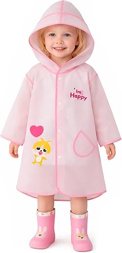 Bold N Elegant Transparent Cartoon Bunny Print Kid’s Waterproof Raincoat Rain Jacket Suit with Hood and Visor for Young Li...