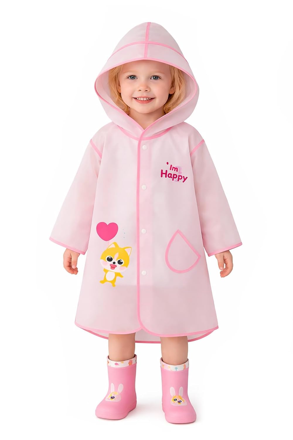 Bold N Elegant Transparent Cartoon Bunny Print Kid’s Waterproof Raincoat Rain Jacket Suit with Hood and Visor for Young Li...