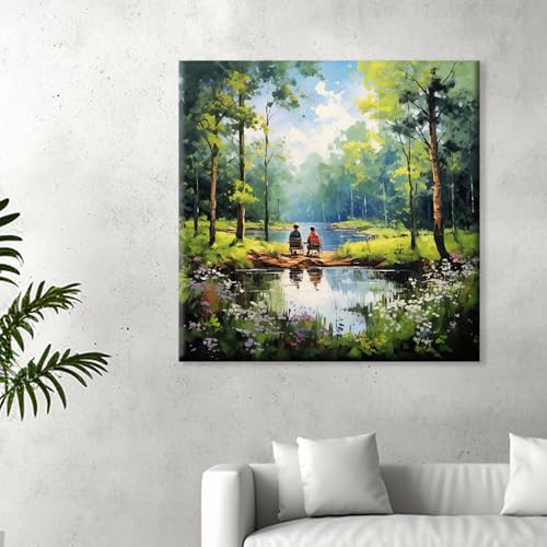 Image of Exsha Serene Couple Fishing by Lake Canvas Wall Painting|Romantic Nature Square Art Print for Living Room, Bedroom, Office, Home Decor|Peaceful Forest & Water Scene Wall Decorative Artwork|16x16 Inch