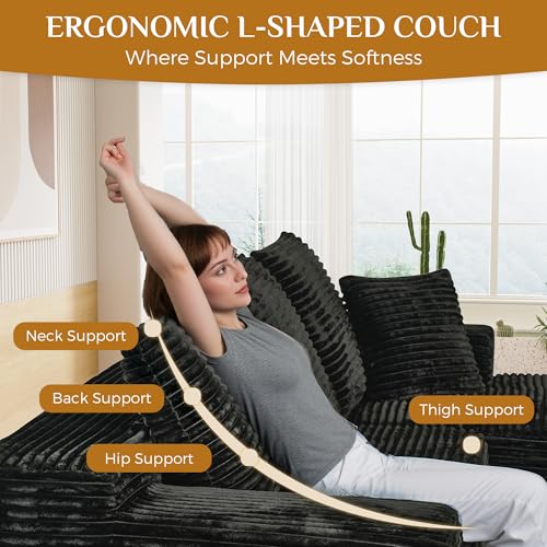 Image of 108 inch Boneless Cloud Sectional Couches for Living Room, Comfy Fluffy L Shaped Memory Foam Deep Seat Boneless Couch, Modular Sectional Sofa with Left Facing Chaise, Black