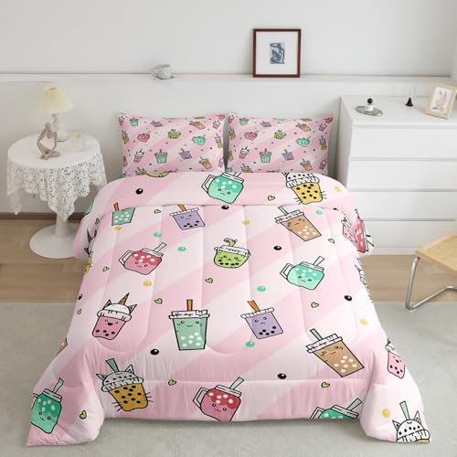 Image of Feelyou Kids Milk Tea Comforter Set Full Size, Cute Bubble Bedding Set Bubble Tea Comforter for Boys Girls Kawaii Duvet Insert Bed Set 3Pcs