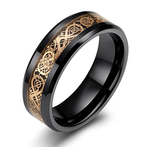 SOMEN TUNGSTEN 8mm Black Ceramic Ring with Rose Gold Celtic Dragon Pattern Inlay Wedding Band for Men Size 11