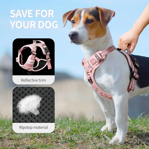 Image of HEELE Dog Harness, No Pull Adjustable Padded Reflective Harness for Small Medium Large Dogs with Handle for Walking Training, Flower-Pink, M