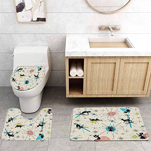 Mid Century Black Cat 3 Pcs Bath Rugs Set,Atomic Starbursts Cat Modern Abstract Geometric Iconic Vintage 1950s 1960s Bathroom Kitchen Rug with 16