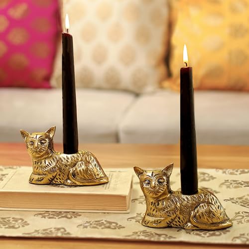 Image of BEHOMA Aluminium Cat Candle Holder Statue Set of 2 | Antique Gold Decorative Figurine for Home Decor, Table, Living Room | Best Gift Item for Anniversary, Wedding, House Warming, Return Gift