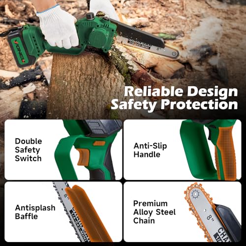 DKIEI Mini Chainsaw 6&8 Inch, Brushless Electric Cordless Chainsaw with 4 Chains & 2 * 2000mAh Battery, Portable Handheld Power Tools Chain Saws for Branch Wood Cutting Garden Tree Trimming, Green - Image 2