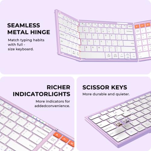 Image of MEETION Foldable Bluetooth Keyboard and Mouse, Portable Combo Purple | Slim foldable keyboard and mouse set with a soft travel pouch, rechargeable and multi-device connection for work on the go