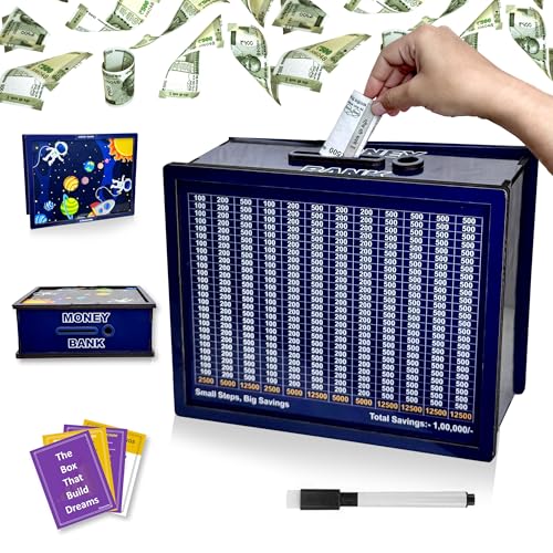 Image of Sketchfab Money Saving Box for Adult 100000, Wooden with Savings Tracker Bank Kids, Smart Piggy Bank, Box, Coin Box,Gullak Saver,Piggy Rs100000 Home Deal Gift Man, Women (Space)