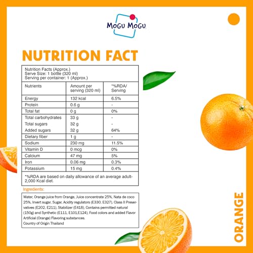 Image of Mogu Mogu Orange Juice with Nata de Coco Jelly 320ml (Pack of 6), Refreshing Tropical Thai-Made Sip & Chew Beverage