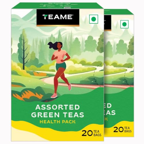 Image of TE-A-ME Assorted Green Tea Bags, 20 Count | Green Tea Sampler with Kashmiri Kahwa, Tulsi, Honey Lemon & Classic | Natural Antioxidants | Pack of 2