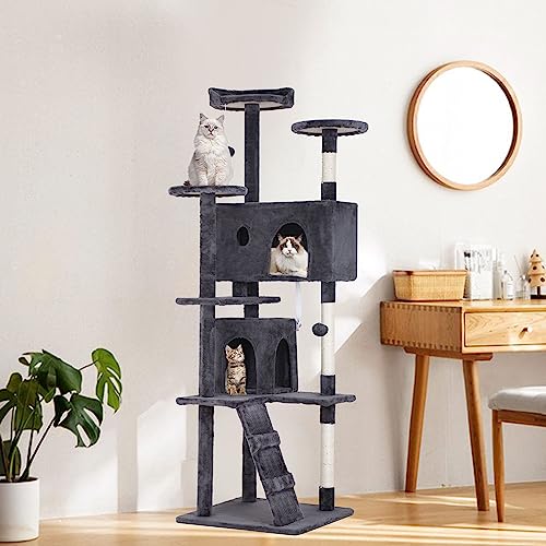 Image of BestPet | 70 inch Cat Tree Tower | Ashy | Sturdy, Easy to Assemble, Multi-Level Activity Center with Sisal Scratching Posts, Condos, Perches, Hanging Cat Toys, Observation Decks & Ladder
