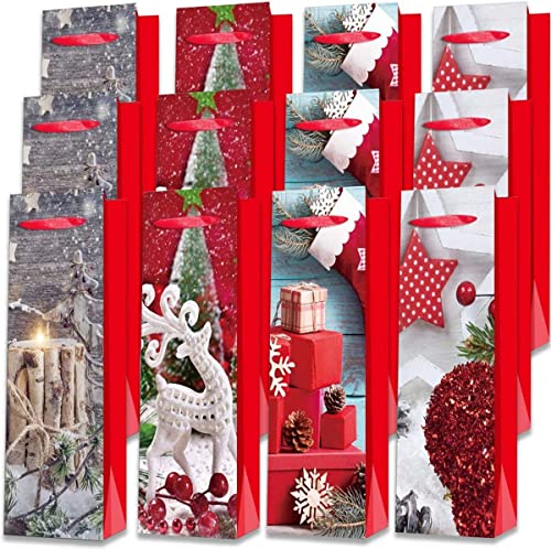 Sacs Cadeaux Bouteilles- Lot de 12 Sacs - Sac Cadeau pour Bouteille Vin en Papier 4 Designs pour des Cadeaux de Noël, Mariage ou Anniversaire, Papier d’Emballage Cover