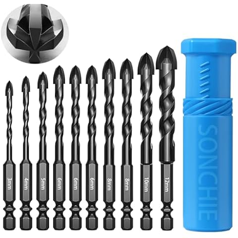 SONCHIE Masonry Drill Bit Sets - Upgraded10 Piece Concrete Drill Bit Sets, Size 1/8“ to 1/2” for Tile Glass Brick Concrete Ceramic Plastic Wood Cover