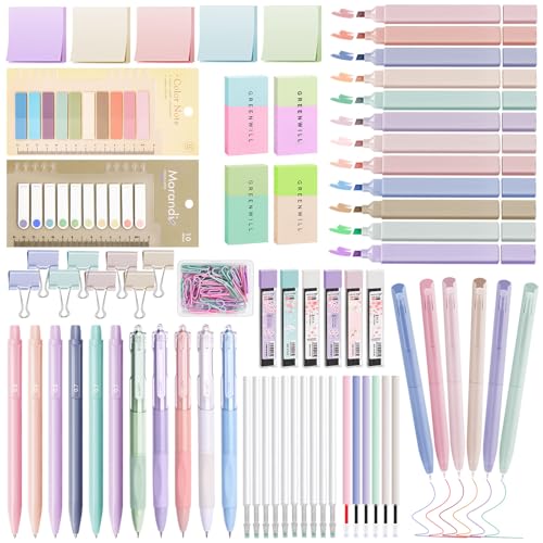 Focxoio 120 Stück Ästhetische Schulsachen Set mit 12 Textmarker Pastell 11 Gelstifte 6 Druckbleistift Set Aesthetic School Stuff für Teenager Mädchen Stationery Sets