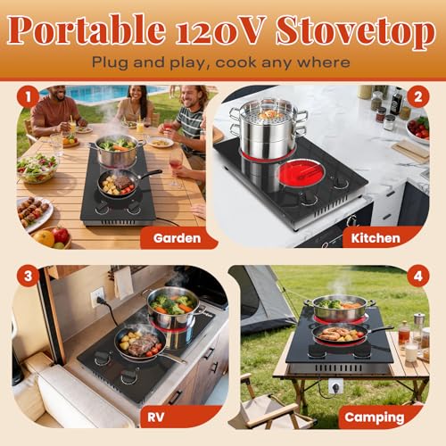 Image of 2 Burner Electric Cooktop - 110v Countertop and Built-in Electric Stove 2000W, 12 Inch Ceramic Stove with Residual Heat Indicator, Over-Temperature Protection, Knob Control, 110-120V Plug in