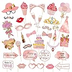Birthday Decorations, Tumwisk 33PCS Birthday Photo Booth Props, Rose Gold Happy Party Decorations for Women, Glitter Selfie Props for Girls (All Ages)