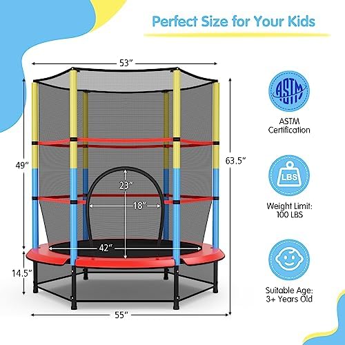GYMAX Trampoline for Kids, 55” ASTM Approved Toddler Trampoline with All Round Enclosure Net, Safety Pad & Large Access, Indoor/Outdoor Mini Trampoline Rebounder for Backyard Apartment 2 51XmPWTjVZL. AC