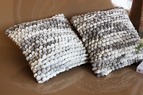 Image of Monstera Hut Boho POM POM Ash Gray Cushion Cover Pack of 2, (Cushion Cover 16x16inch) (40.6 x 40.6 cm)