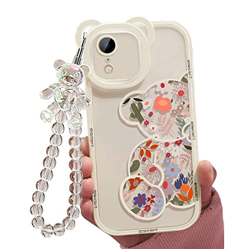 Jusy Compatible con iPhone XR, dulce flor floral oso cubierta con hermosa correa de muñeca cadena para niñas mujeres transparente Kawaii cámara protección bonita funda de teléfono de moda