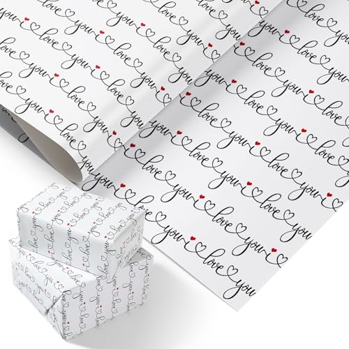 PlandRichW I Love you Wrapping Paper - 6 Pre-Folded Sheets Repeating Heart Design for Gift Giving Valentines Anniversaries Birthdays - 20 x 29 Inch
