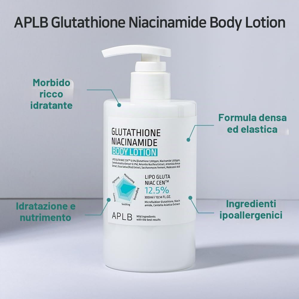 APLB Glutatione Niacinamide Lozione per il corpo | LIPO GLUTA NIAC CEN™ 12,5% 10,14 FL.OZ/Cura della pelle coreana, Idratazione a lunga durata, Rivitalizza per una pelle delicata e migliora la